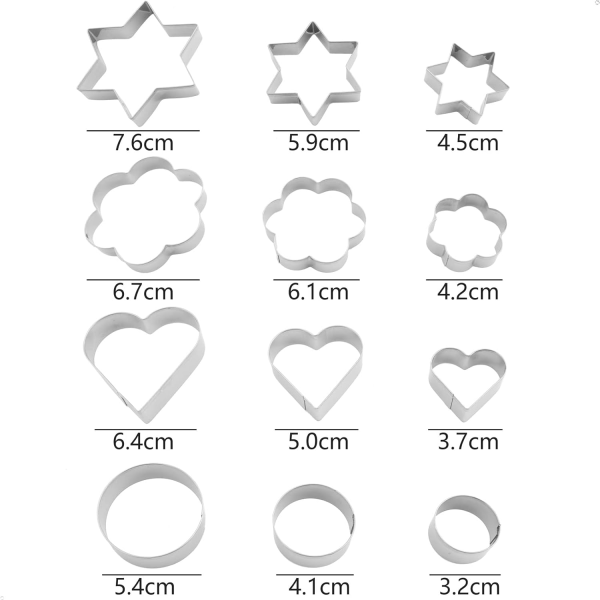12 stk kakeform i rustfritt stål, hjerte, blomst, rund, stjerneform, kakeform i metall for kjøkkenbaking, bursdag