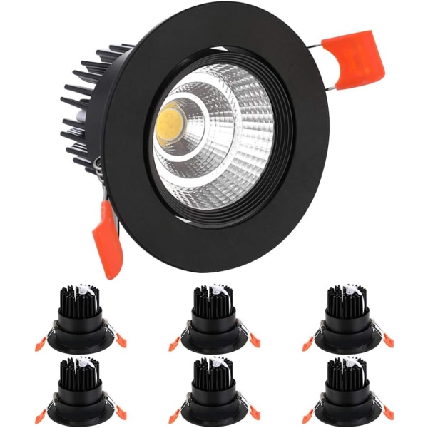 6 stk. LED Downlight, 7W COB, AC 220-240V, Koldt Hvid 6000K, Justering 30°, IP44, Udskæring 70-80mm (Sort) [Klasse] Energi A