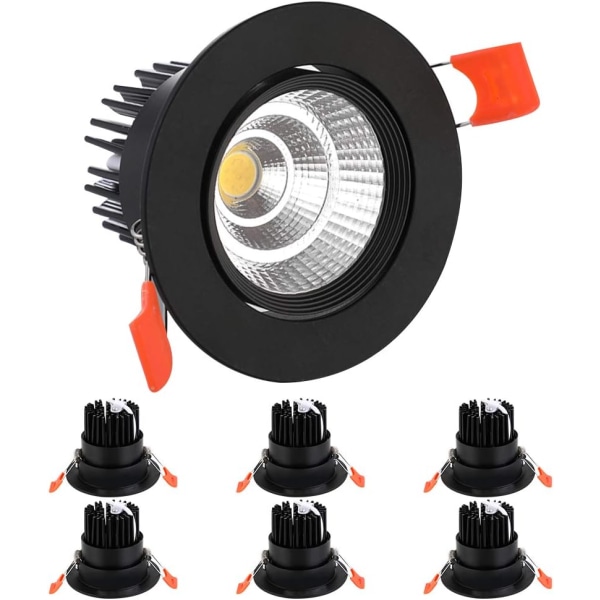 Pakke LED Downlight, 7W COB, AC 220-240V, Varm hvid 3000K, Justering 30°, IP44, Udskæring 70-80 mm (sort)[Klasse]Energy A] 3000K