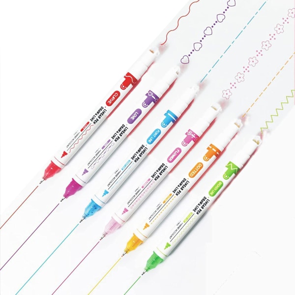 Curve Highlighter set, 6 väriä kaksikärkiset Curve kynät korostuskynät, jotka tekevät kuvioita, päiväkirjakynät kaarevia muotoja