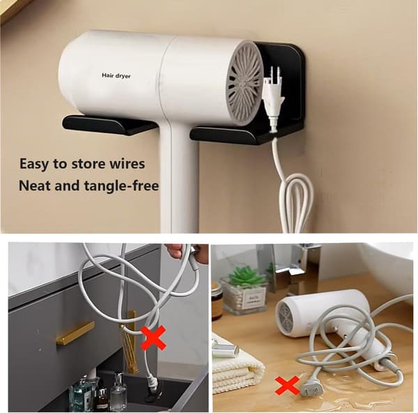 Hårfönshållare, 2-delad väggmonterad hårfönshållare för hotell, sovrum, badrum (svart)