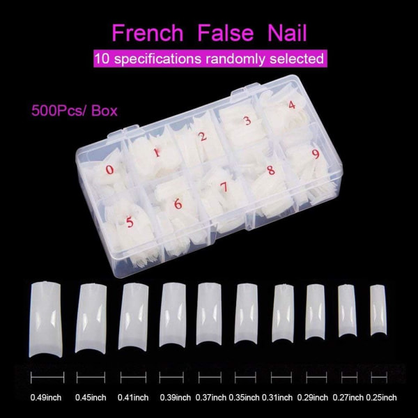 500 stykker falske negle og spidssæt Neglekunsttips Naturlig fransk kunstig ABS med æske til kvinder Pigegelé，（naturlig） natural