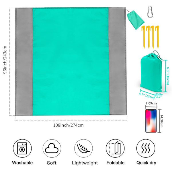 Vattentät strandfilt, 79''x 83'' Överdimensionerad strandmatta för 4-7 vuxna, Sandfri picknickfilt, Lätt bärbar picknickmatta för resor Green