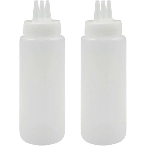 2-pack såsflaskor med tre hål och hällpip, 3 spraymunstycken