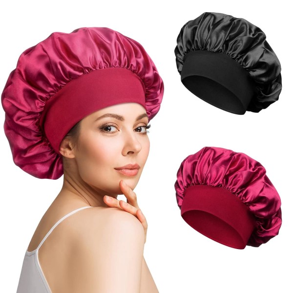 Sovehætte Satin Bonnet Nat Sleep Hat Justerbar Sovehætte Hovedbeklædning Blødt Hoved Bonnet Silke Sovehætte med elastik (sort, rød)
