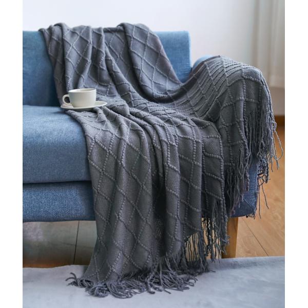 Mjuk stickad ullfilt med tofsar, gosig filt, sofffilt, sovfilt, mediumgrå 150 x 200 cm grey