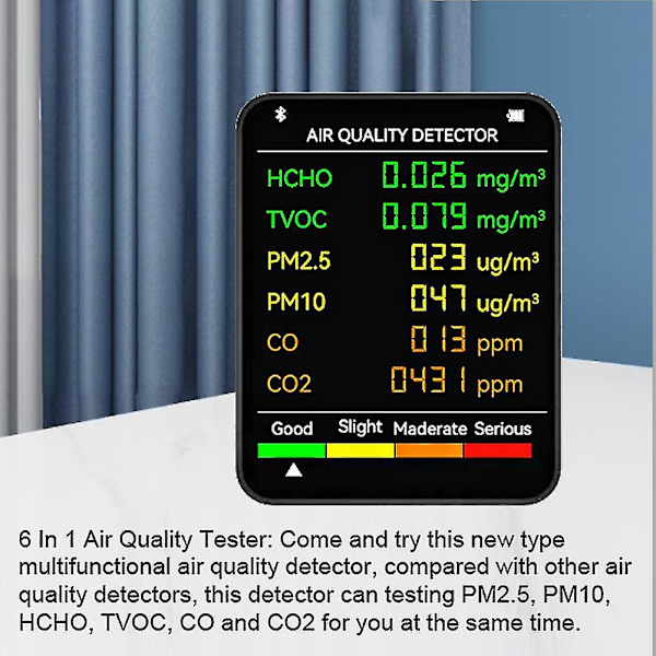 6-i-1 Luftkvalitetsdetektor LCD Stor Skärm CO2-mätare PM2.5 PM10 HCHO TVOC CO CO2 CO Koldioxid Formaldehydmonitor
