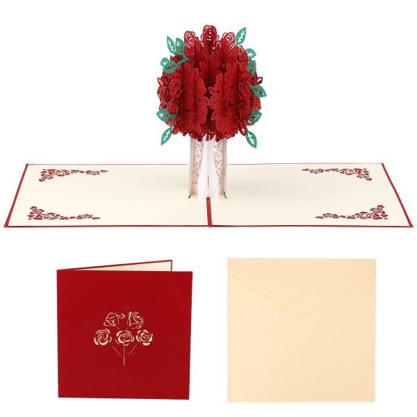 3D pop up alla hjärtans dagskort, 3D blomma kort Rose bukett gratulationskort med kuvert för alla hjärtans dag bröllop mors dag (5,9 x 5,9 tum)