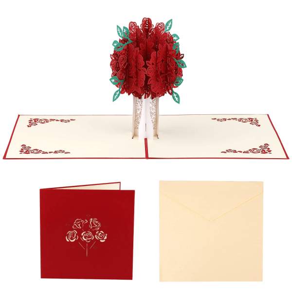 3D Pop-up Valentine-kort, 3D-blomsterkort Rosebuket lykønskningskort med konvolut til Valentinsdag Bryllup Mors Dag (5,9 x 5,9 tommer)