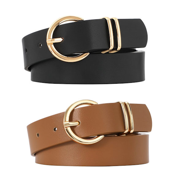 Dame Læder Bælter til Jeans Kjoler Mode Guld Spænde Dame Talje Bælte, 2 Pak Black,camel