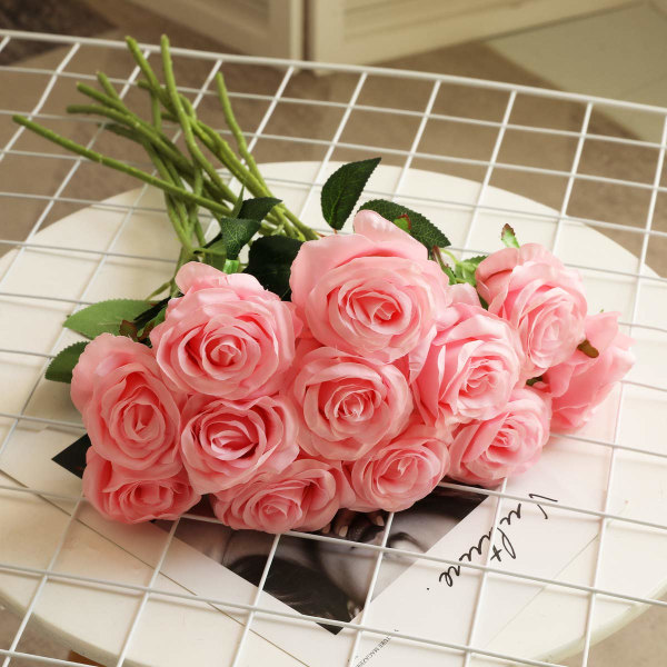 12 kpl keinotekoisia ruusuja, 19,68'' yksi pitkävarsi tekoruusu silkki morsiuskimppu Realistinen kukka kotipuutarhajuhliin (ruusuja, vaaleanpunainen) light pink