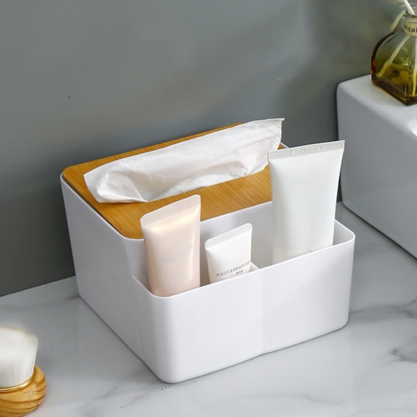 Servetthållare Box, Ansiktservetthållare med Trälock, Servett Dispenser Box Behållare med Fjärrkontroll Penna Skrivbordsförvaring square