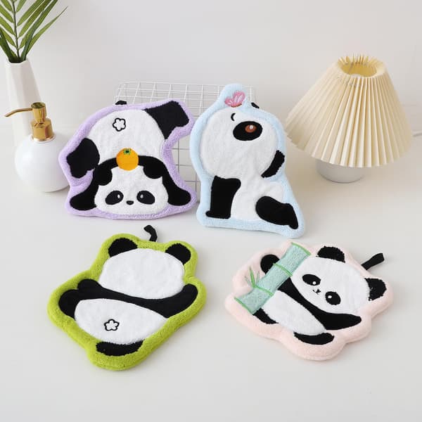 Sød Panda Håndklæde Sæt med 4 Bløde Absorberende Sjove Dekorative Mikrofiber Koralsamt Hængende Vaskelapper til Badeværelse (Multi)