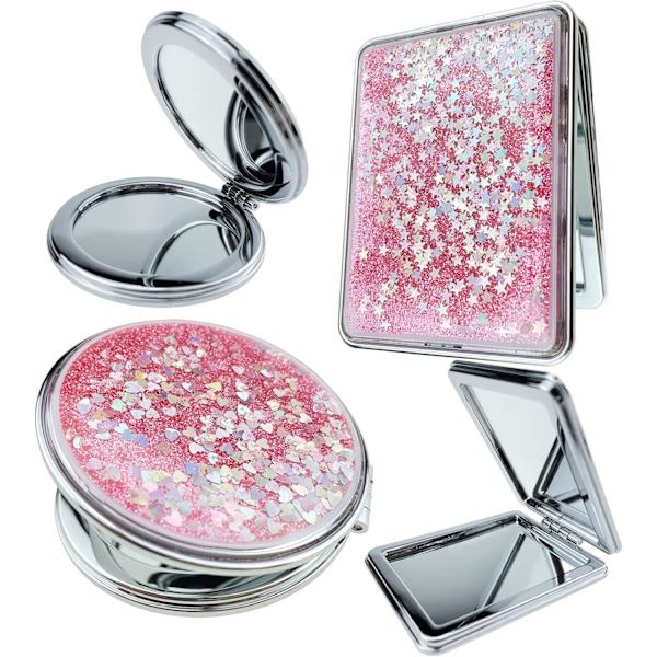 2 stk. spejl mini sammenklappelig makeup spejl pink rejse spejl dobbeltsidet bærbart spejl til mænd kvinder piger lommepung firkant & rund (pink) pink