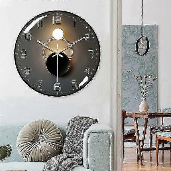 Modern Tyst Väggklocka, 30cm Rund Digital Kvarts Klocka, Svart Finish