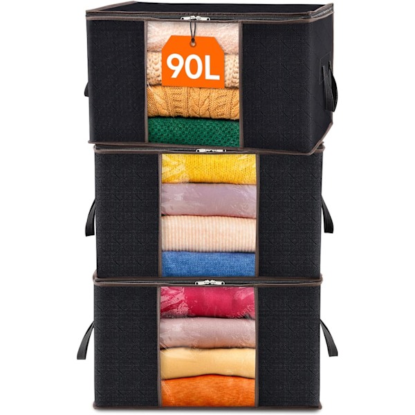 Stor förvaringsväska för kläder med förstärkt handtag Tjockt tyg för täcken, filtar, sängkläder, 3-pack, 90L, Svart