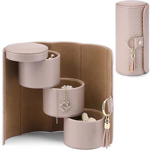 Reseväska för smycken, konstläder smyckesrullar smyckesorganisatör för ringar, örhängen, halsband, armband, present till kvinnor, par, rosa