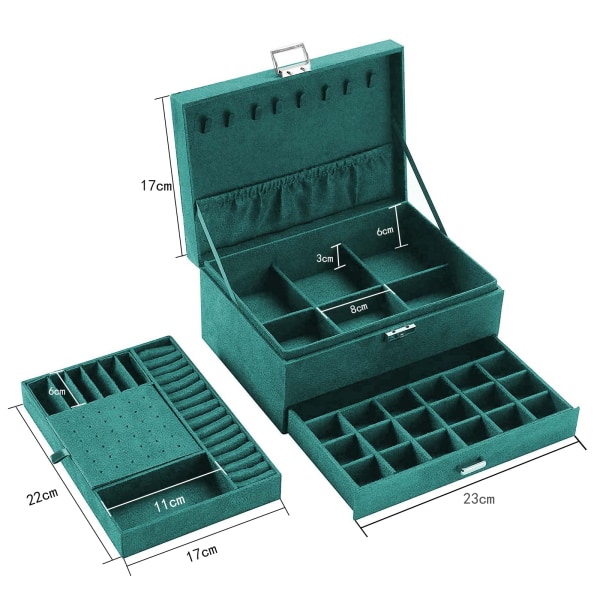 Smykkeæske, fløjls smykkeæske med 2 niveauer, smykkeæske smykkeskrin til kvinder, smykkeskrin til ringe, øreringe, halskæder, med lås og nøgle