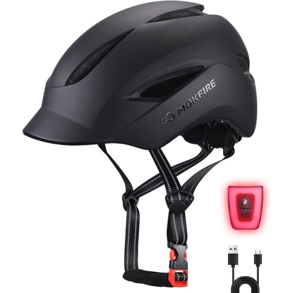 Cykelhjälm med USB laddning Bakre säkerhetsljus & reflekterande rem för unisex män/kvinnor, E-cykelhjälmar med visir, justerbar storlek (svart) Gray