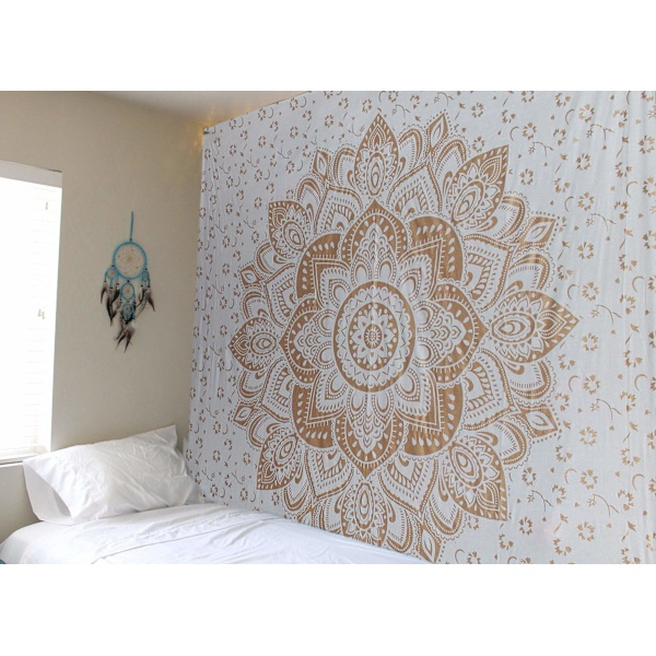 Gobelíni Mandala, Boho seinäkoriste, Musta kulta esteettinen huonekoriste, Seinäkangas Psykedeelinen seinävaate 150×130 cm A 150*130cm