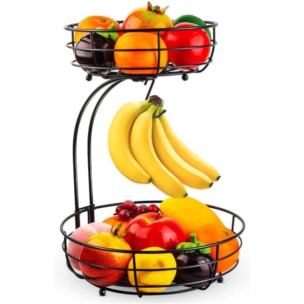 2-lagers fruktkorg med bananhållare Stående Dagligt kök Modern fruktskål Praktiska fruktkorgar Grönsakskorg Metall Svart