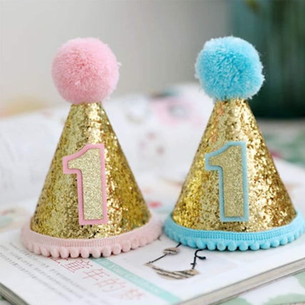 Födelsedagshätta Glitterkonhatt Justerbar Tiara Hårband Glittrande Prinsessa Födelsedagshätta för Baby Flicka Pojke, Rosa-1