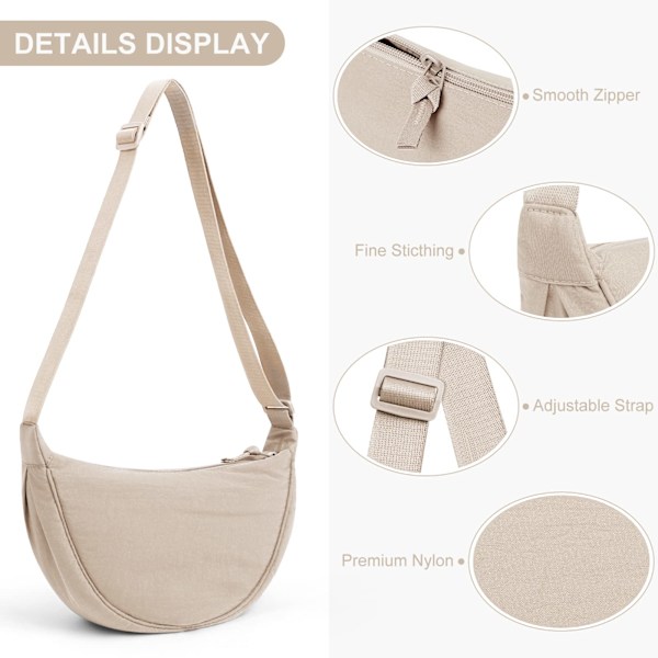Crescent taske til kvinder, nylon crescent tasker Hobos Crossbody taske bærbar crescent pung med justerbar rem Solid Color brysttaske skuldertaske beige