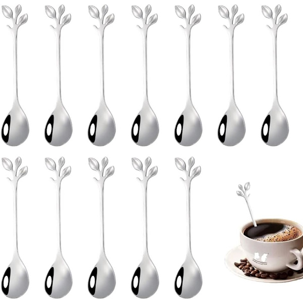 12 stk. Kaffeskeer, Rustfrit Stål Blad Kaffeskeer, Bladformet Håndtag Skeer, Rustfrit Stål Teskeer, Rustfrit Stål Teske Sæt
