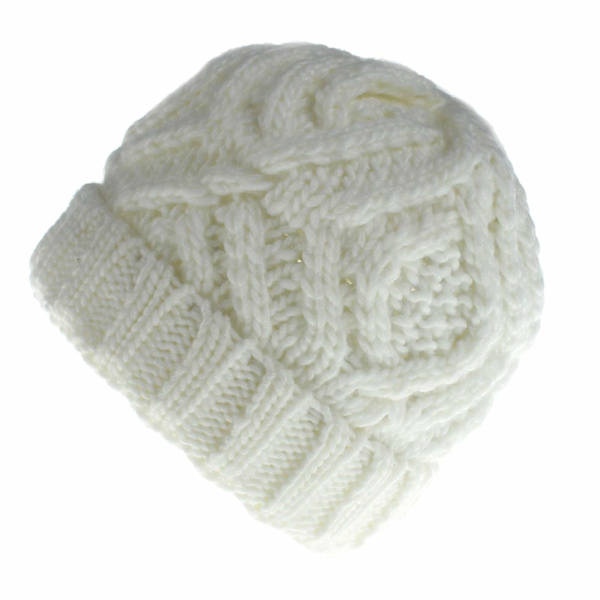 Unisex Vinter Varm Strikket Lue Hette Rhombus Chunky Vev Solid Cuffed Skull Cap White