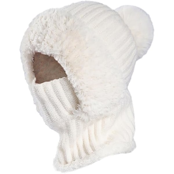 Strikket Hat med Pompom, 55cm-60cm 3 i 1 Vinter Beanie Halsklæde Cirkel og Strik Maske Siamese Vindtæt Kvinder, Hvid