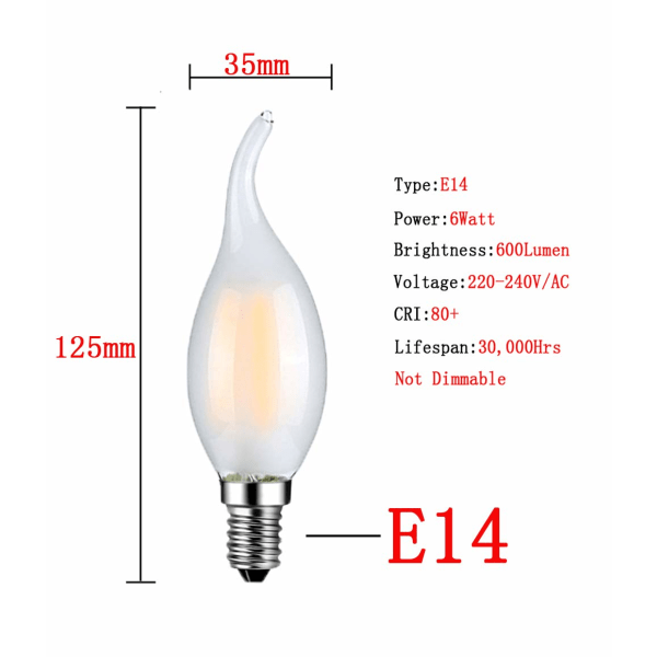 Sett med 6 LED-flammepære E14 4W Varmhvit 2700K-Filament stearinlys pærer til lysekroner-Frostet glass