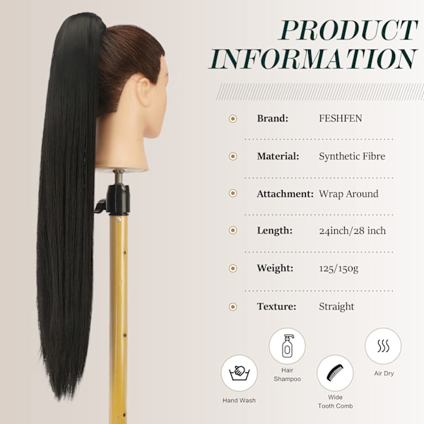 Lång Ponytail Extension, Rak Syntetisk Fläthår Extension black