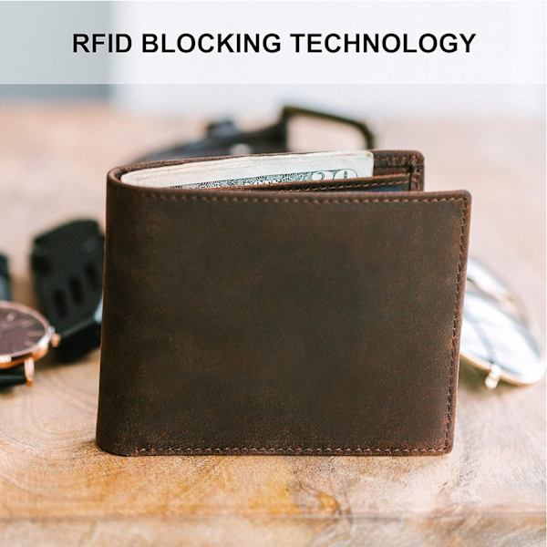 Plånbok i toppskiktsläder för män | Bifold, extra kapacitet med 2 ID-fönster | Extra stark sömnad | Smal sedelhållare med 8 kortplatser - Brun