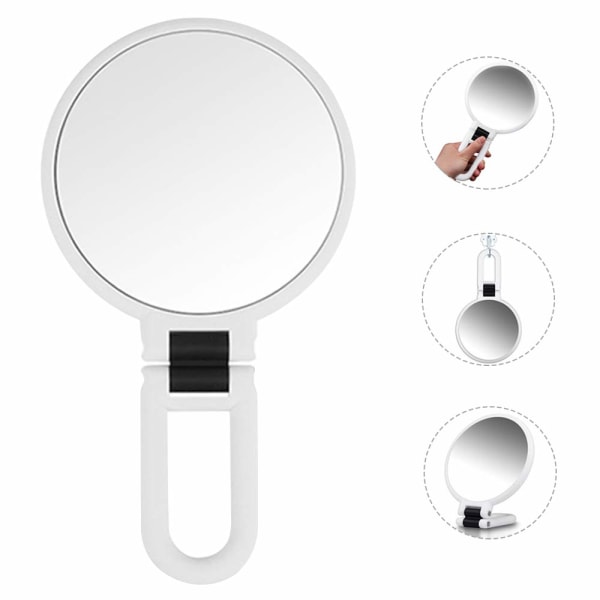 Sminkspegel Dubbelsidig 5X/1X Förstoring, Handspegel med hopfällbart handtag, Kompakt sminkspegel (Vit) White