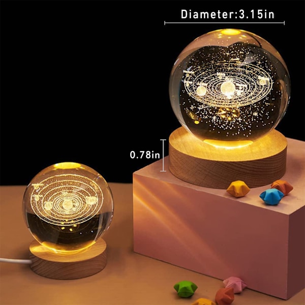 3D Planet Kristallkula Nattlampa, Rymdgalax Kristallkula med Träbas, 3D Graverad Solsystem Kristallkula med LED-ljusbas solar system