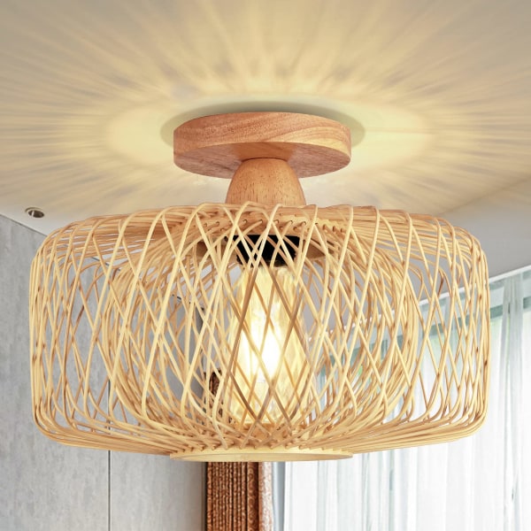 Vintage bambu takljus-retro bambu trä lampskärm taklampa E27 lamphållare Boho rotting lampa Ø30cm hängande ljus