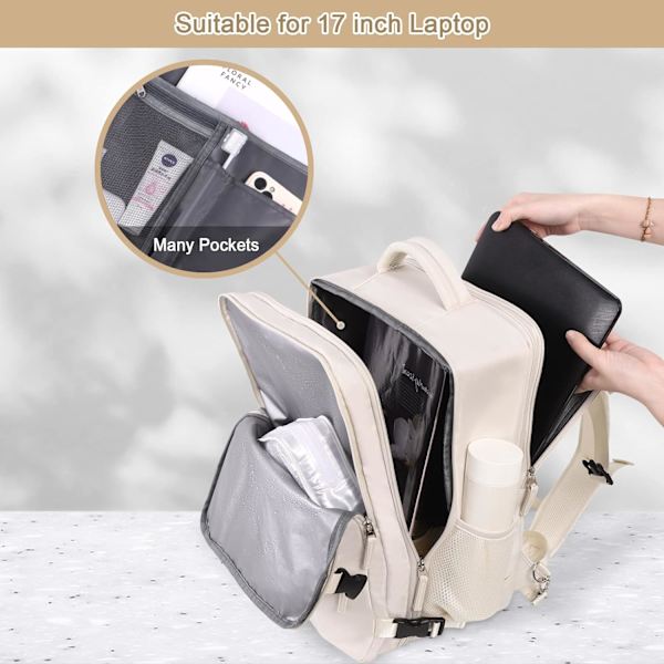 Resväska för kvinnor, expanderbar 40L handbagage godkänt ryggsäck, 17 tum bärbar vattentät resväska för college, resor, arbete, beige