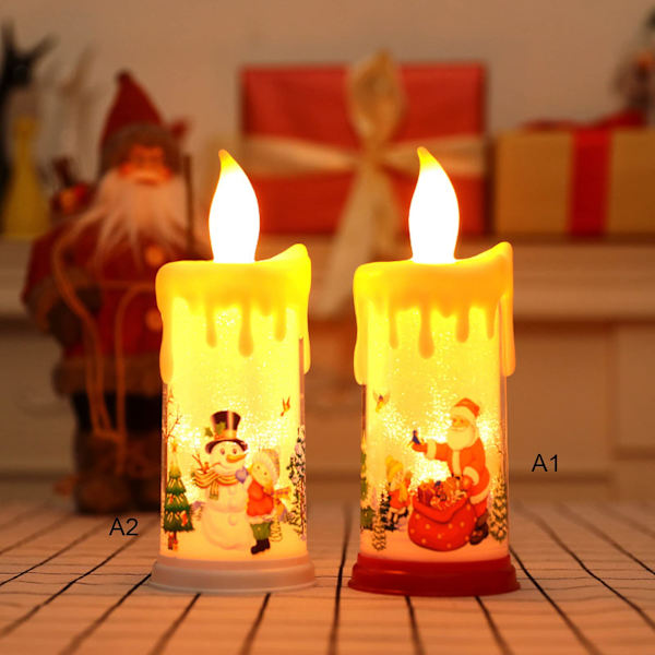 2 stk. julelys uten flamme, batteridrevne LED-pillarlys, julelys med julemann og snømann-klistremerker, varmt lys