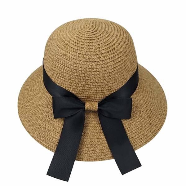 Dame Sommer Halmhatt Solhatt UV-beskyttelse Strandlue Foldbar Visor Floppy Hat Bred Brede med Rem Bue khaki
