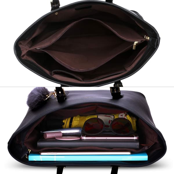 Elegant damehåndtaske - Shopper til skole - Sort med hårbold
