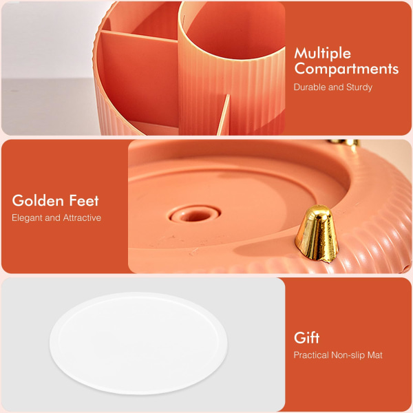 360° roterende sminkeorganisator - Stilig kosmetikkoppbevaring med 5 rom, hudpleieholder, stor kapasitet (Vibrant Orange) Orange