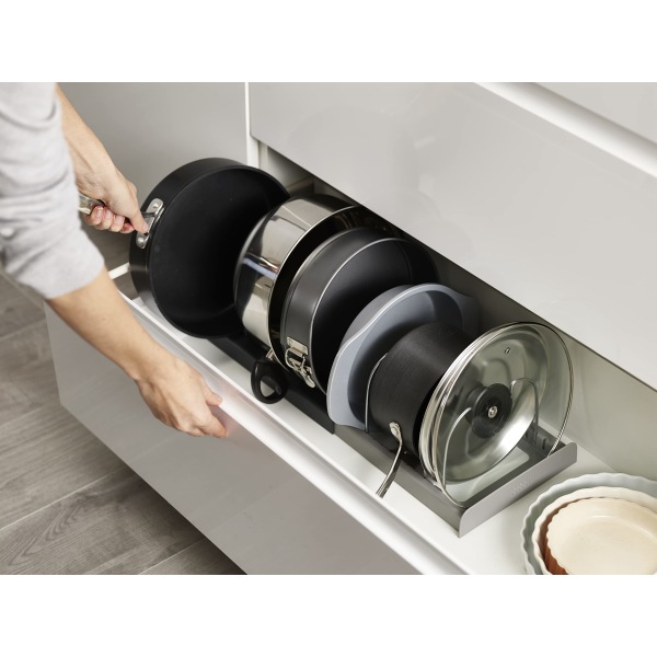 Udvidelig organisering til 6 låg eller pander Køkken Opbevaringsskuffe Opvaskeholder Grå