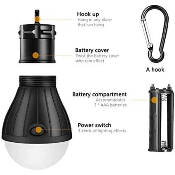 LED-campinglampa, bärbar LED-tältlampa, lykta, ryggsäckscamping, vandring, fiske, nödbelysning, batteridriven lampa (svart)