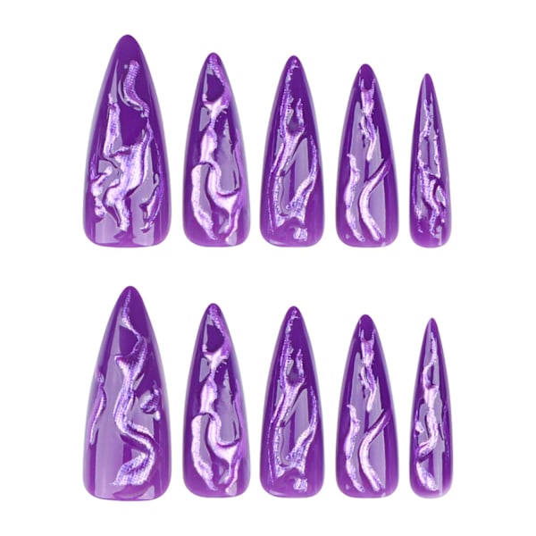 Pitkät Stiletto-Tekonaulet Kiiltävät Liimattavat Naulet Mandelin Muotoiset Akryyli-Tekonaulet Goottilainen Violetti Tekonaulet 3D Kromi-Kierteinen Tarra-Naulet