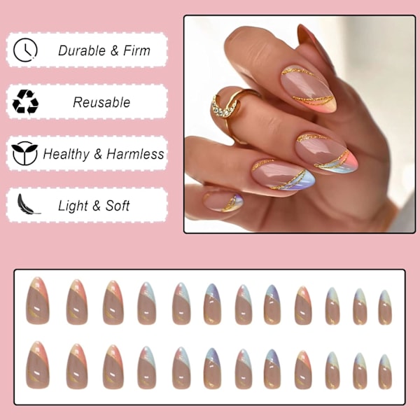Almond-muotoiset keinotekoiset kynnet, lyhyet, 24 kpl musta ja kulta glitter ranskalaistyyliset keinotekoiset kynnet, ballerina-muotoiset liimattavat kynnet kynsiliiman kanssa, kesäiset värikkäät raidat