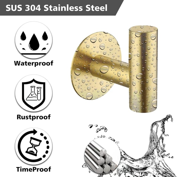 2 stk. Messing Baderom Håndklekrok Lim, Stick på Metall Frakk Kroker Badekåpe Henger SUS 304 Rustfritt Stål (Gull)