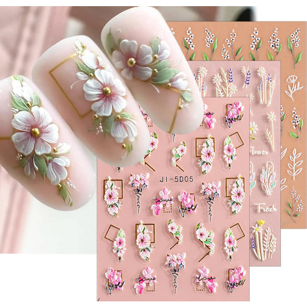 3D-präglade blomblad Nail art Dekaler 4 ark 5D självhäftande sommarblommiga nageltillbehör Nail art Dekorationstillbehör