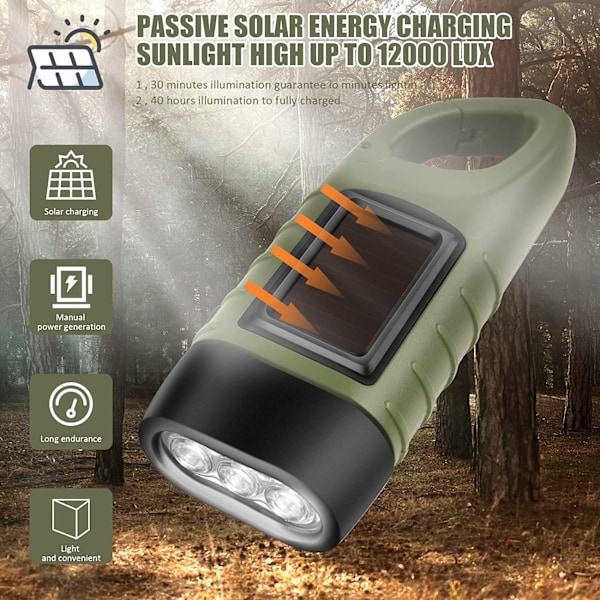 Paket Solcell LED Handvev Ficklampor, Uppladdningsbara Nödlampor för Utomhusvandring, Gåva och Nödutrustning (Armégrön)