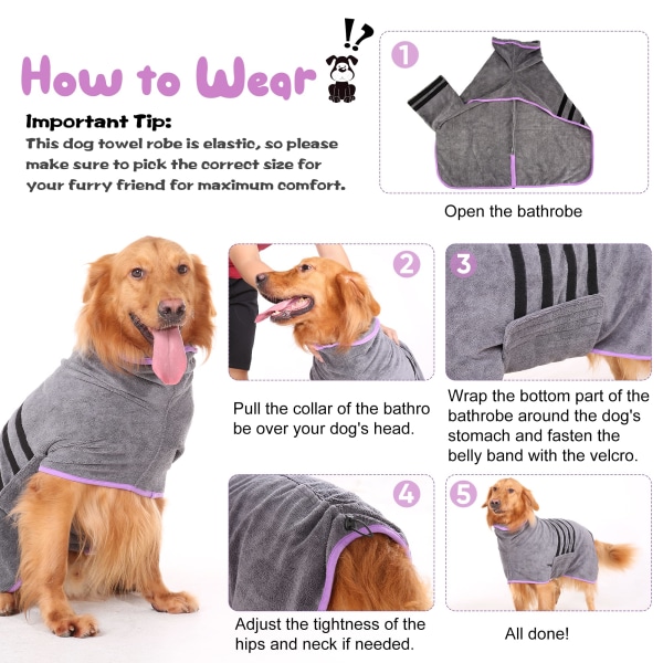 Badekåpe for hunder, hunde badekåpe for mellomstore og store hunder, grå badehåndkle, hundehåndkle, hurtigtørkende, superabsorberende, for kjæledyr, hunder og katter grey 2XL