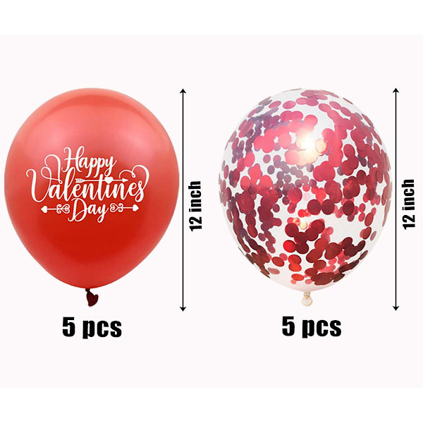 Valentinsdekoration, 10 stk. røde balloner, 5 stk. latex og 5 stk. konfettiballoner til Valentinsdag, jubilæum, bryllupsfest